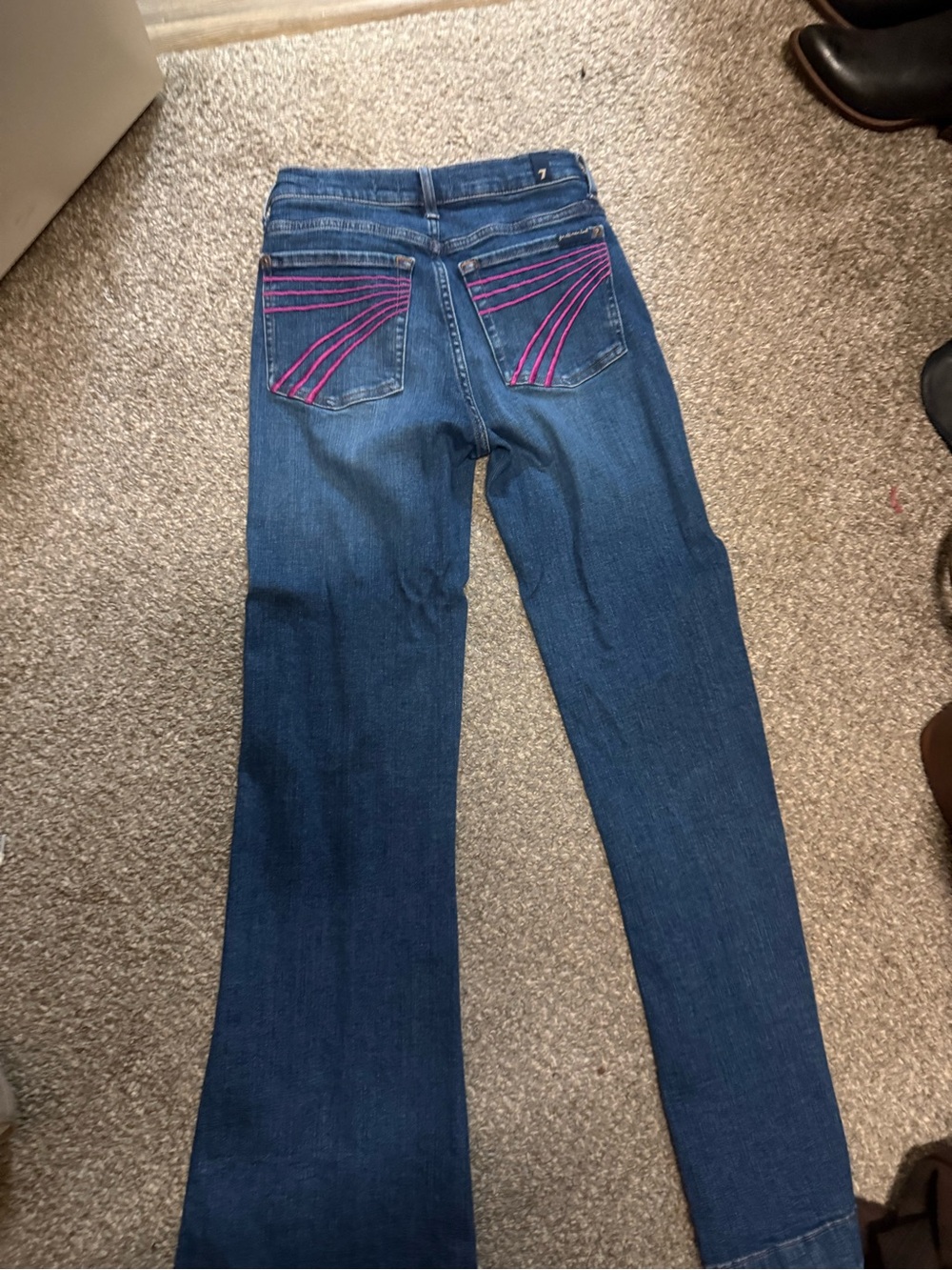 Dark Blue Flare Jeans with Pink Back Pocket Stitching